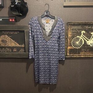 Tory Burch Patterned Long Sleeve Dress in Blue and Gray/Purple